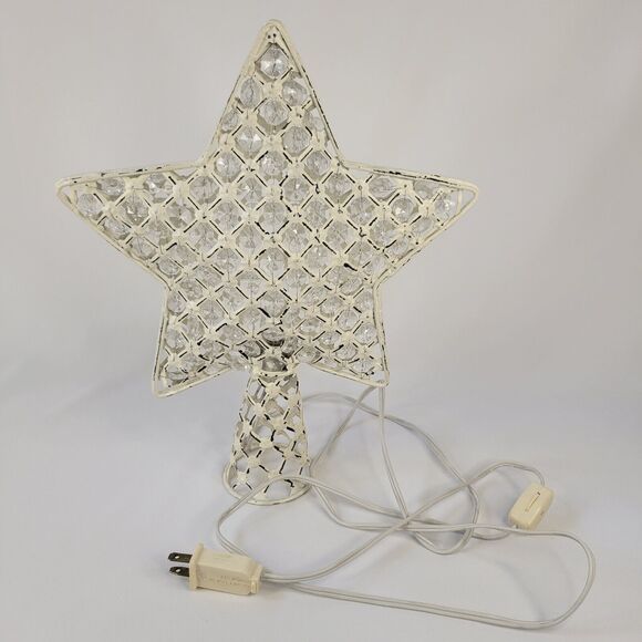 Vtg White Washed Metal Farmhouse Star Gems Christmas Tree Topper Lights Up 13" - Picture 1 of 16